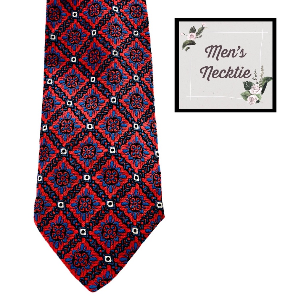 PREMMARK Vintage Men’s Necktie in Red, Blue & White Intricate Woven Design